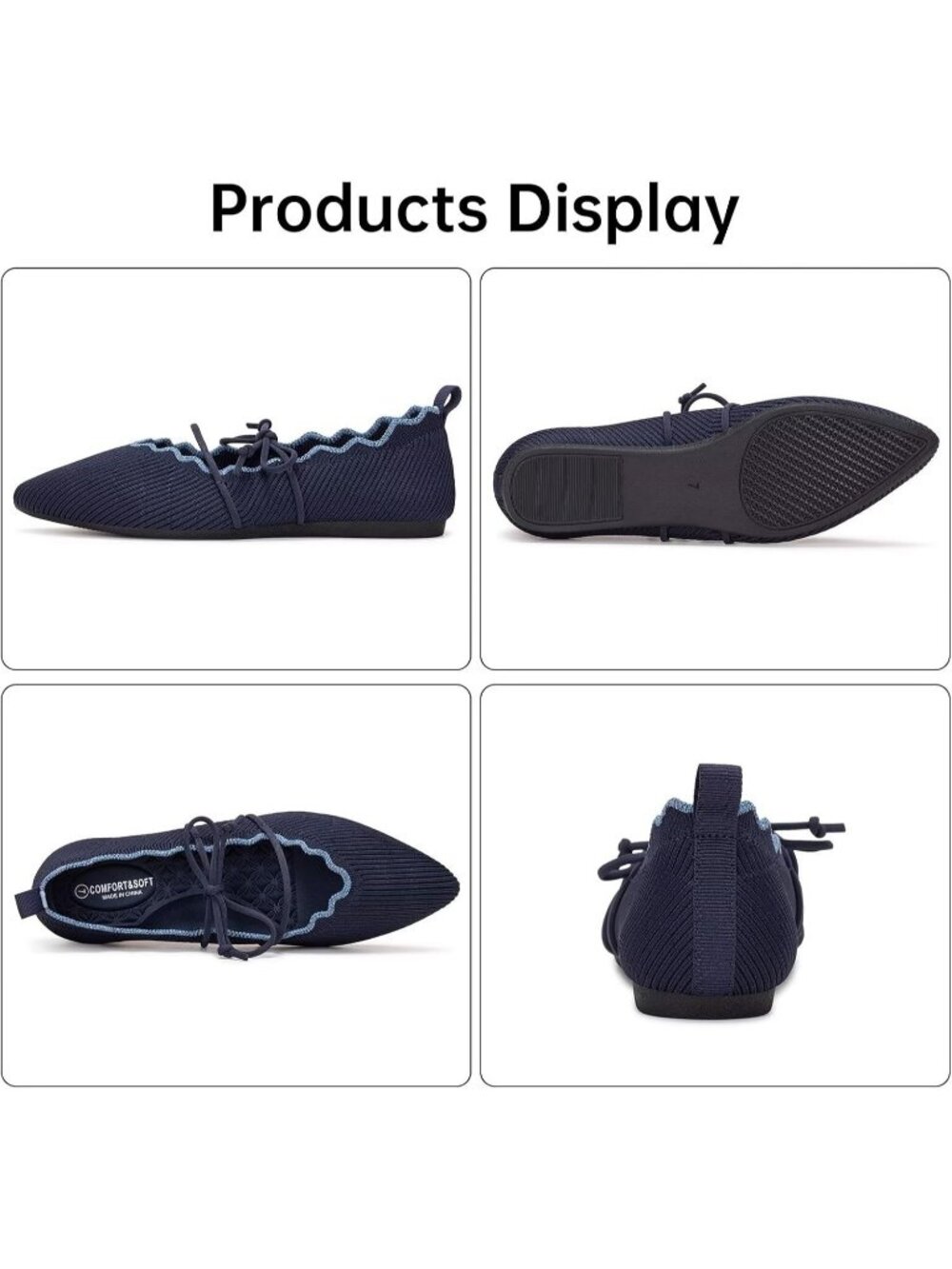Women's Navy Rubber Knitted Slip On Pointed Toe with Ruffled Vamp Elastic Flats - Picture 2 of 7